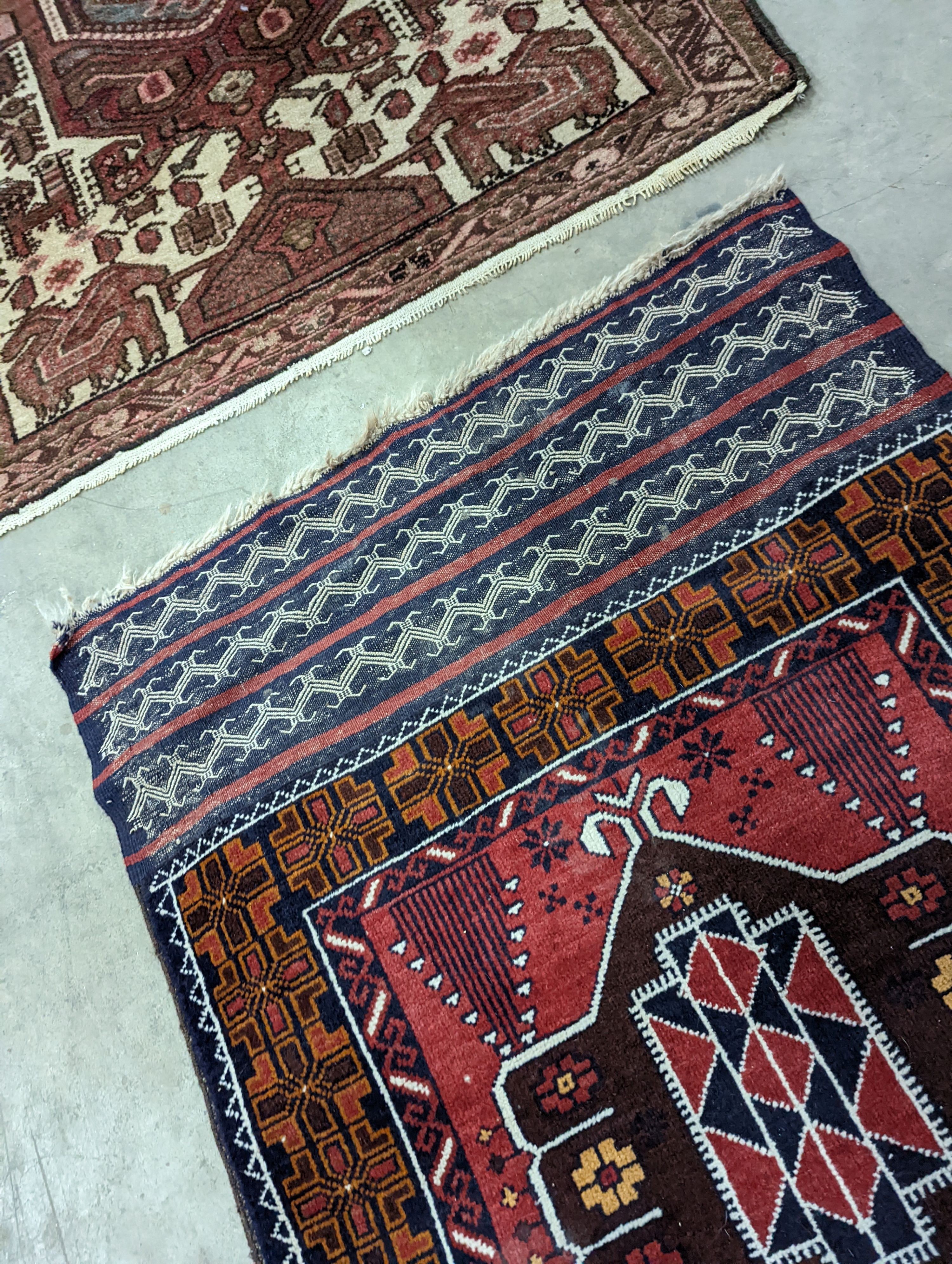 A Belouch geometric prayer rug and two Caucasian design rugs, largest 152 x 104cm